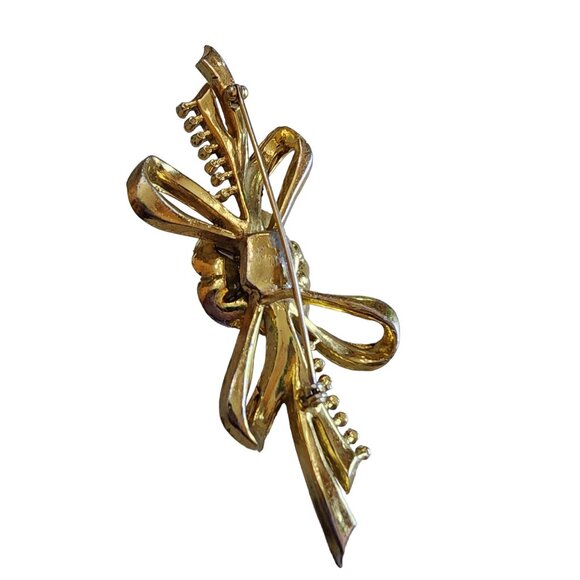 Antique Heavy Gold Plated 30's Rhinestone Bow Flower Brooch (A1802) - Picture 6 of 7